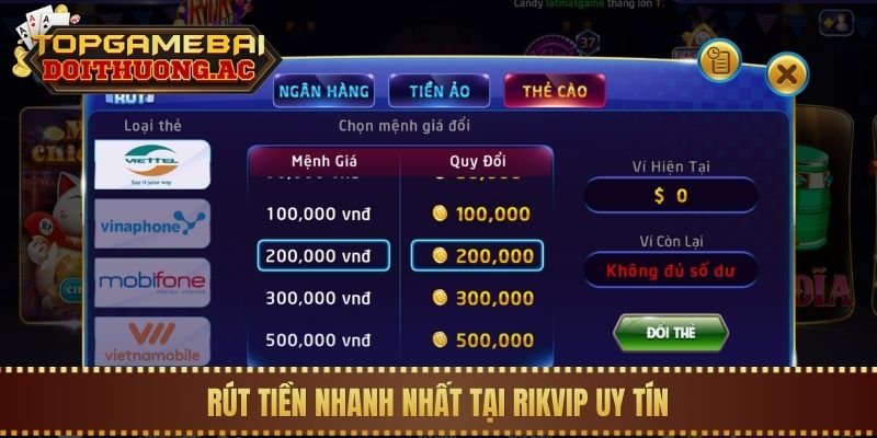 Rút tiền nhanh nhất tại Rikvip uy tín